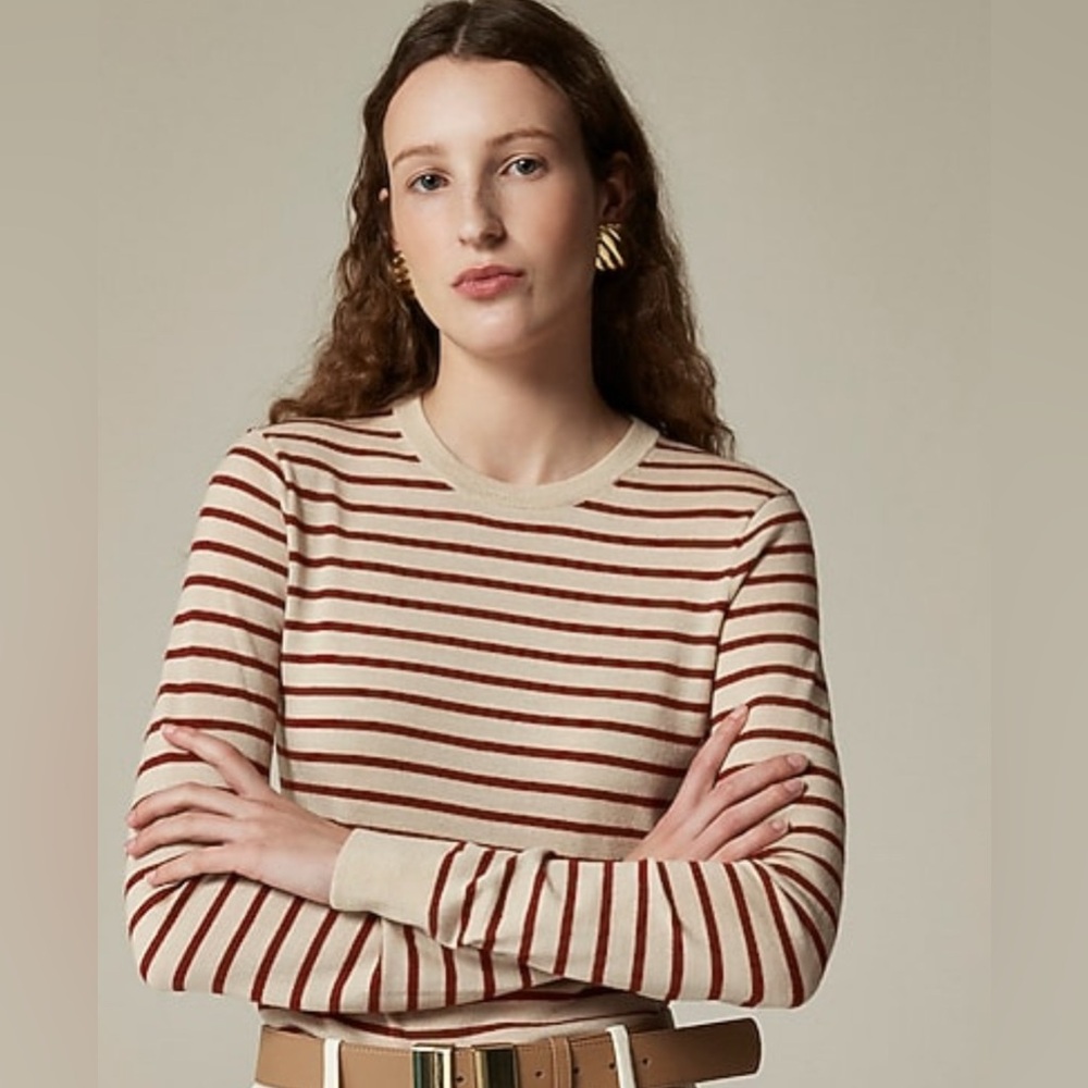 J. Crew Cream and Rust Striped Crewneck Sweater